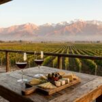Taças de vinho tinto e tábua de queijos no terraço de uma vinícola com a cordilheira dos Andes ao fundo