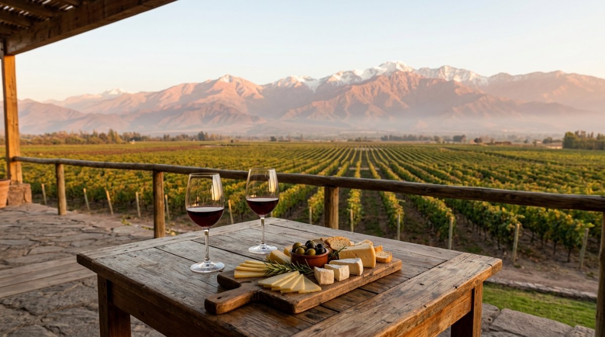 Taças de vinho tinto e tábua de queijos no terraço de uma vinícola com a cordilheira dos Andes ao fundo