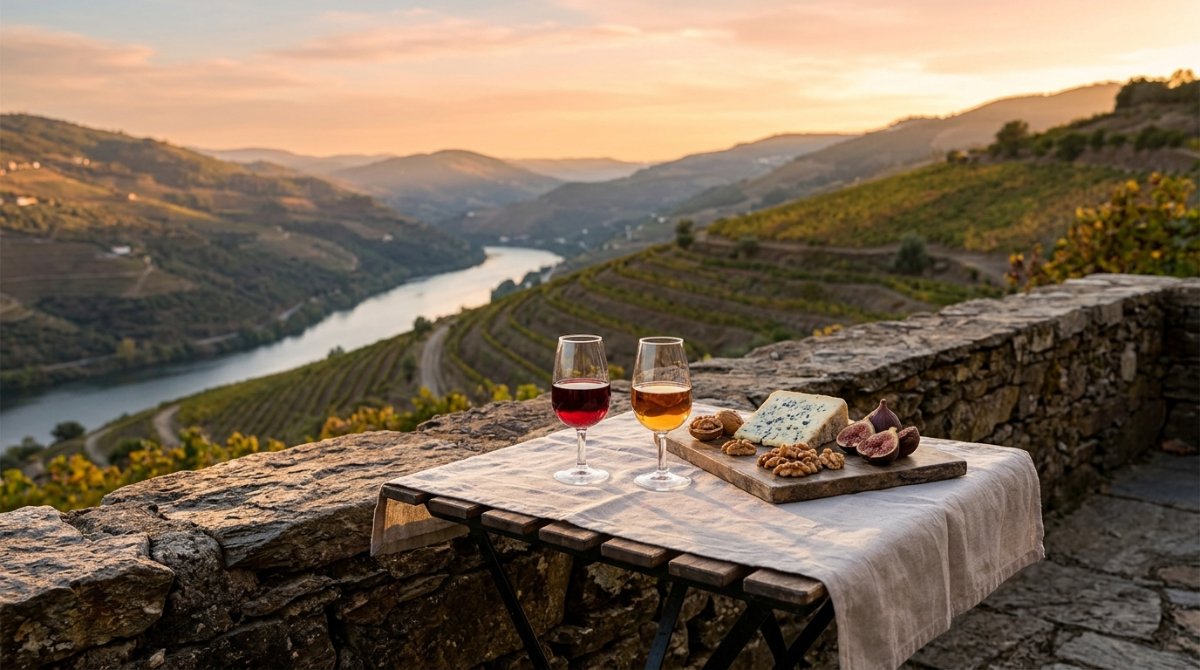 Duas taças de vinho do Porto com queijo azul e nozes em varanda com vista para vinhedos