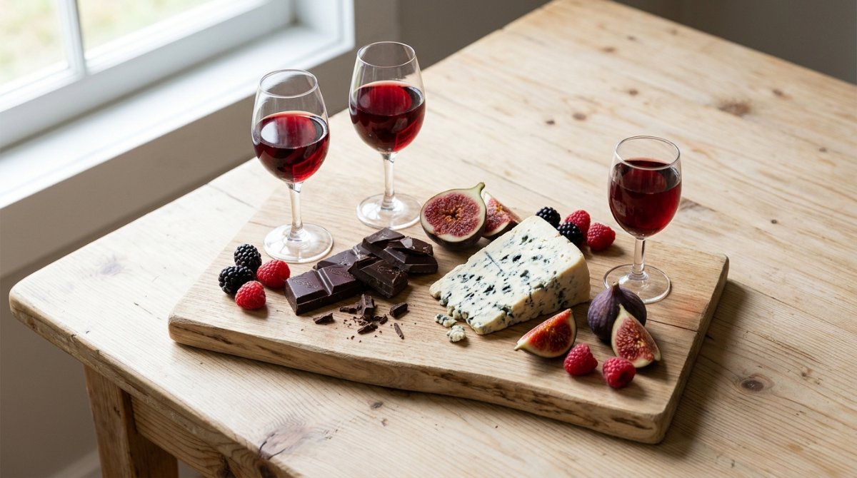 Taças de vinho tinto doce e vinho do Porto com chocolate amargo, gorgonzola, figos e frutas vermelhas