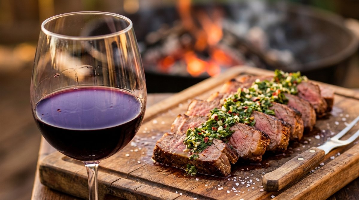 Taça de vinho tinto ao lado de carne grelhada fatiada com chimichurri