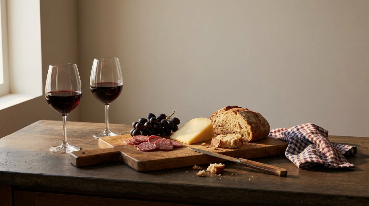 Taças de vinho tinto com salame, queijo e pão rústico em bancada de cozinha