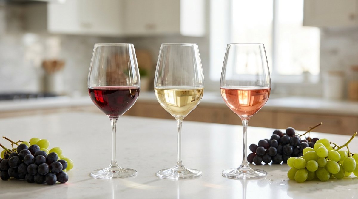 Três taças de vinho tinto, branco e rosé com uvas em bancada clara