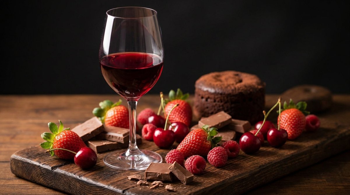 Taça de vinho tinto suave com chocolate e frutas vermelhas