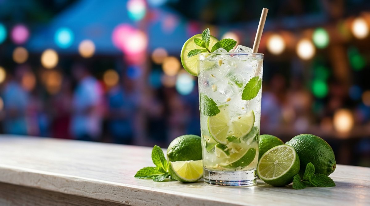 Copo de caipiroska com limão e hortelã sobre balcão de bar
