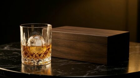 Copo de cristal com whisky e gelo esférico ao lado de caixa de madeira