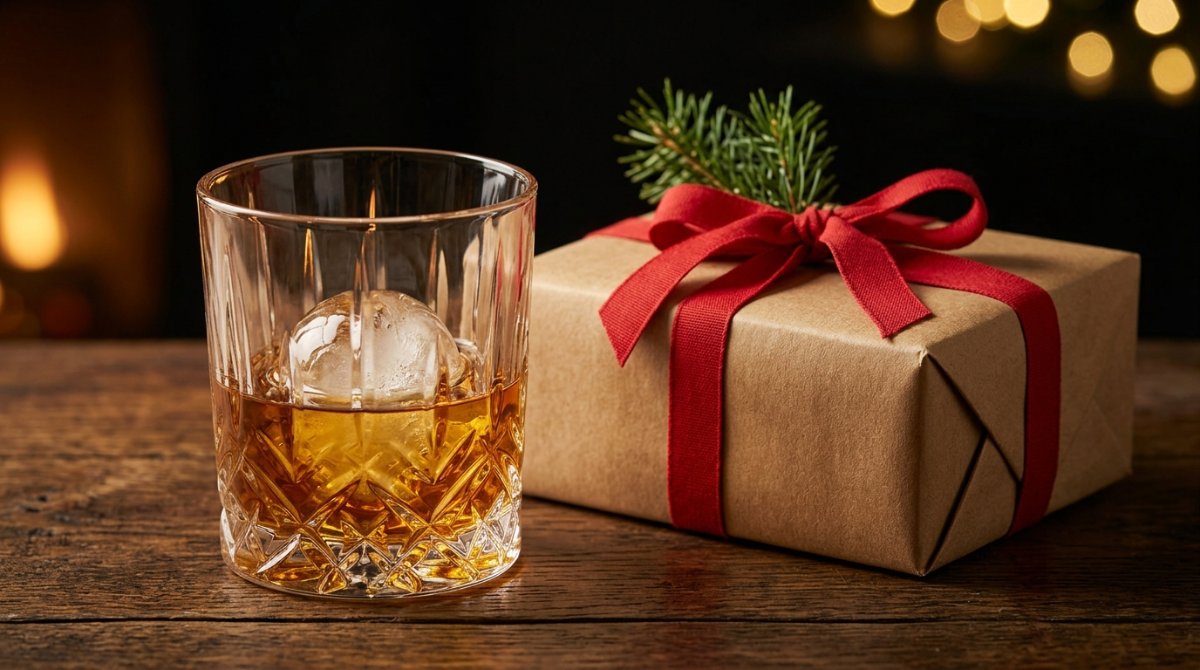 Copo de whisky com gelo esférico ao lado de caixa de presente com laço vermelho