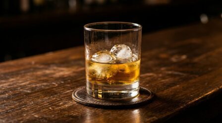 Copo de whisky com gelo em balcão de bar de madeira
